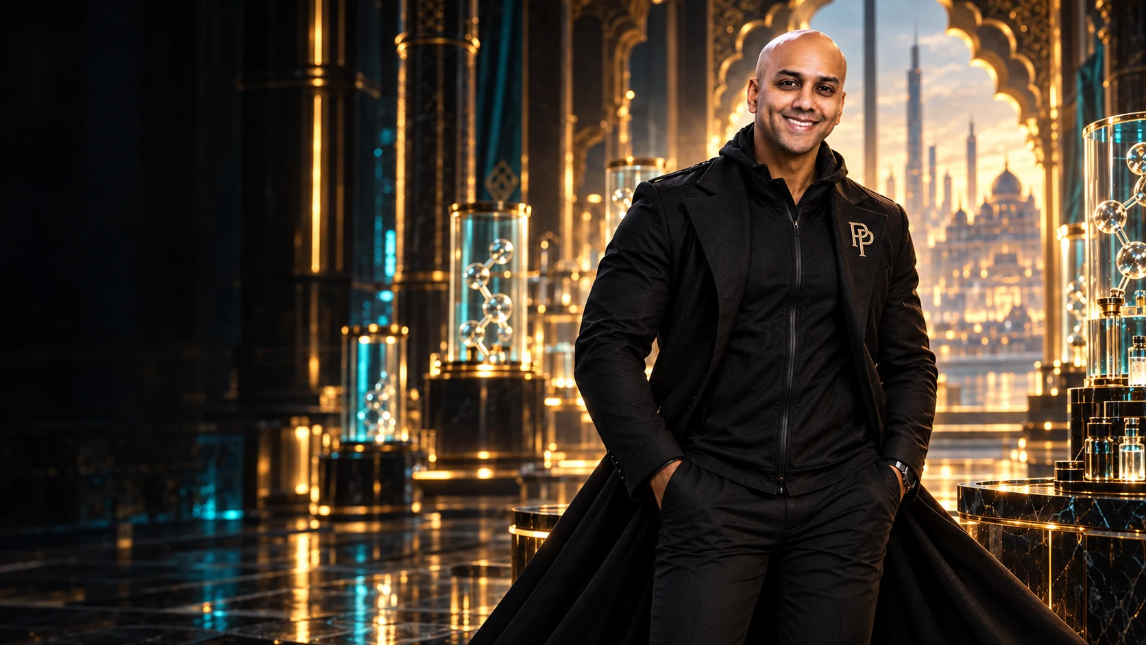Viraj Patel in a black coat and PP hoodie inside an extravagant gold and teal laboratory