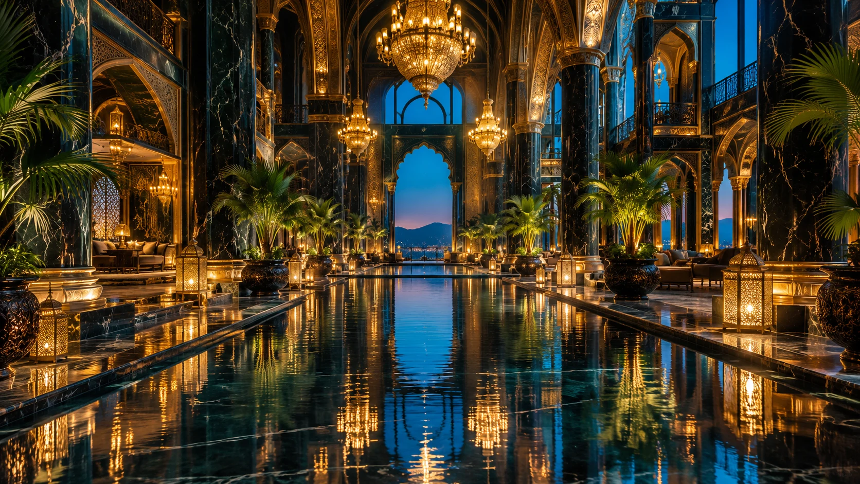 An opulent hotel atrium with gold chandeliers, palms, dark marble and a reflecting pool